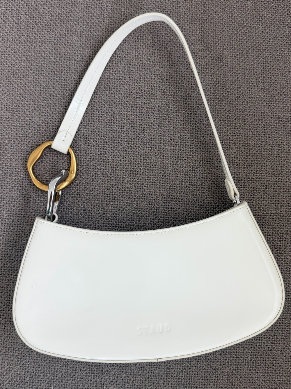STAUD White Leather Crescent Shoulder Bag with Gold Ring Accent